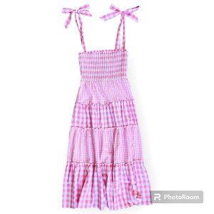 Small Pink Gingham day + moon Shirred Bodice Adjustable Bow Straps A-Line Dress